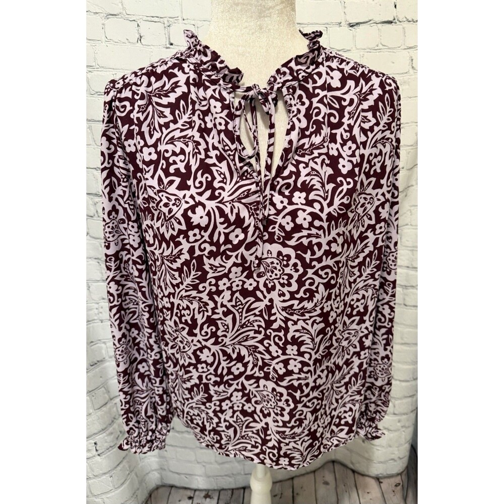 Ann Taylor Loft Maroon Floral Lightweight Tie Neck Keyhole Blouse Size Large